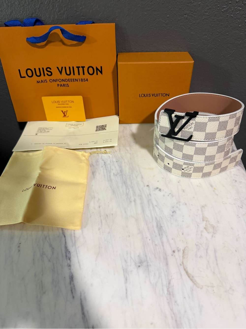 Louis Vuitton White Checkered Belt with Black LV Buckle